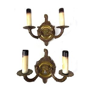 Vintage 50s Pair Solid Brass Bird Wall Sconces Heavy Ornate Metal Art Deco